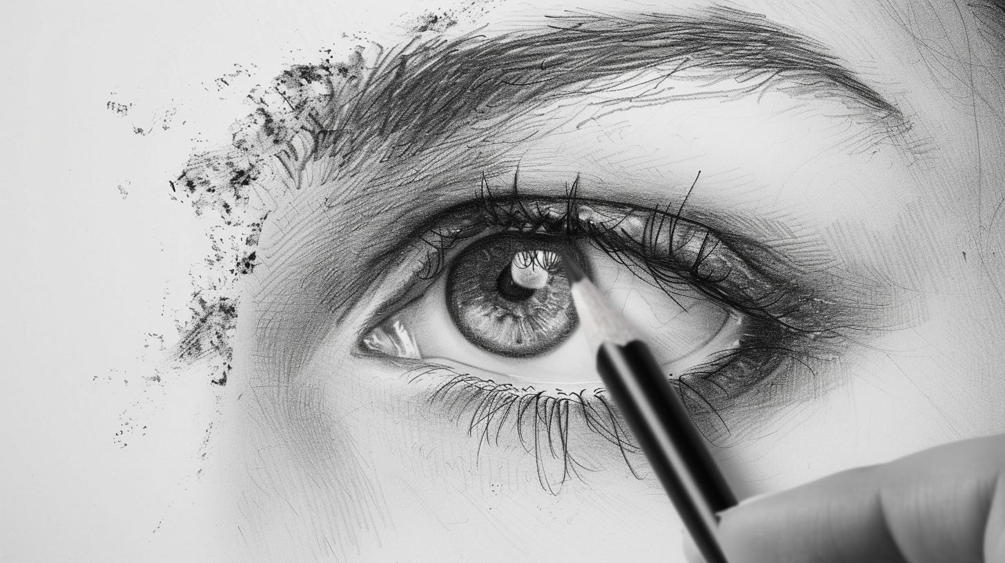 The picture shows a woman's eye drawn in pencil.